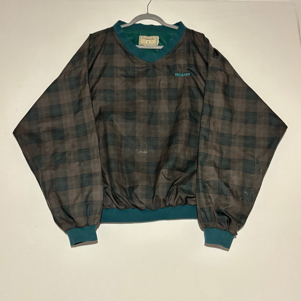 Vtg Dunbrooke Windbreaker Mens XL Brown Green Plaid Fair V-Neck Pullover Minster